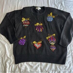 Women Black 1X Christmas Ornament Sequin Sweater Holiday Sparkle Brittany Leigh
